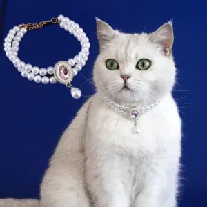 Cat Pearl Collar with Heart Pendant Cute Pearl Pet Necklace Adjustable Wedding Party Small Dogs Jewelry Accessories for Kitten