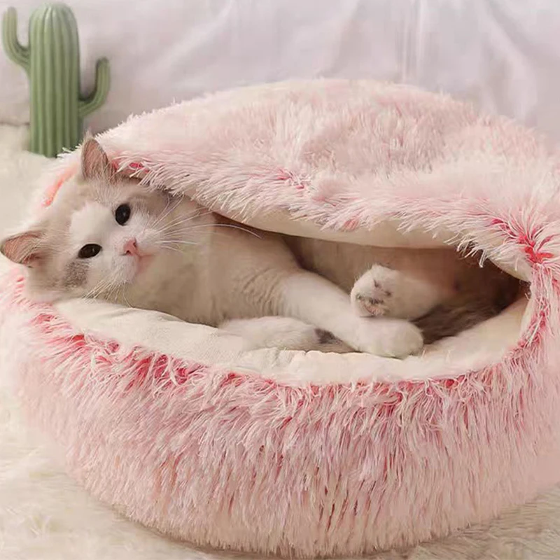 Round Cat Cushion Semi Enclosed Pet Sleep Bags Long Soft Plush 2 In 1 Warms Cats Beds Simple Comfort Warm Puppy Sleeping Nest 12 kf Secb7b2cf81364460a4a2ef212d39c274g